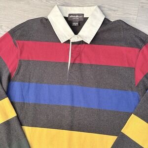 Eddie Bauer Shirt Mens XL Rugby Polo Long Sleeve Striped Collared 100% Cotton